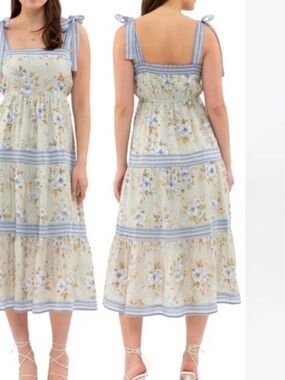 Sweet Wanderer Sage Blue Floral Tie-Shoulder Midi Dress Tier Euro Chic
